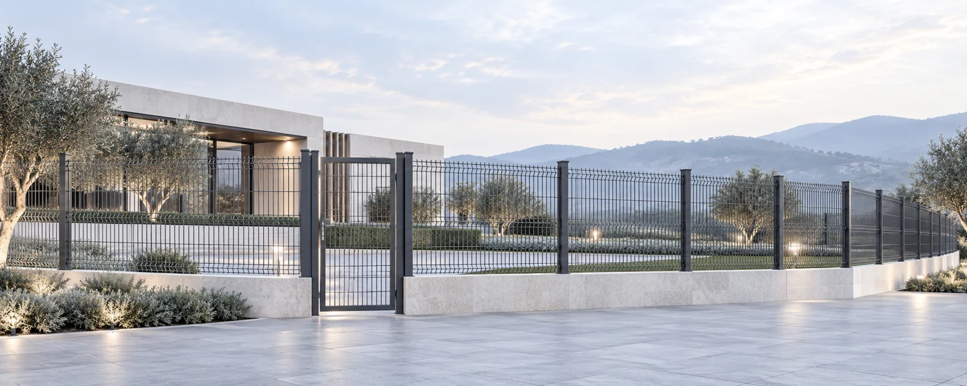 Modern bir yapının çevresindeki panel çit sistemi