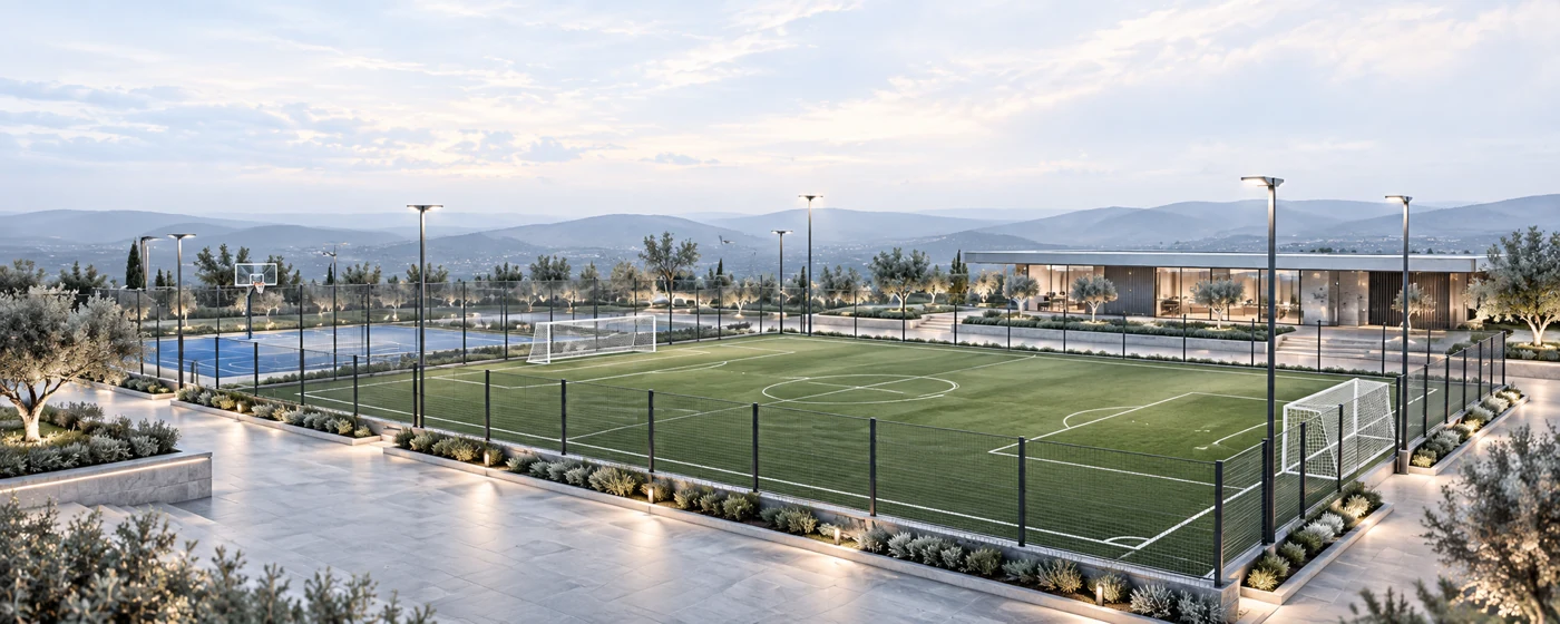 Çevre çitleriyle birlikte tasarlanmış bir spor sahası